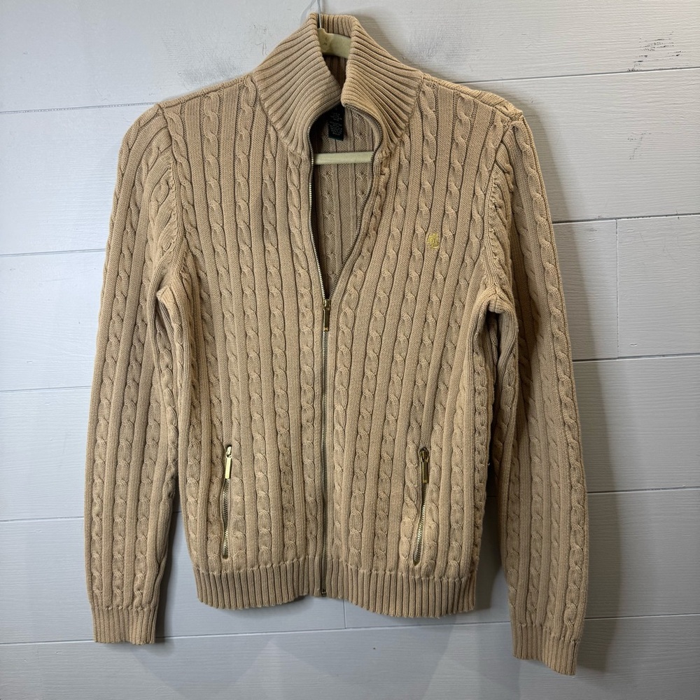 Lauren Ralph Lauren Cable-Knit Cotton Full Zip Tan Cardigan Sweater Medium